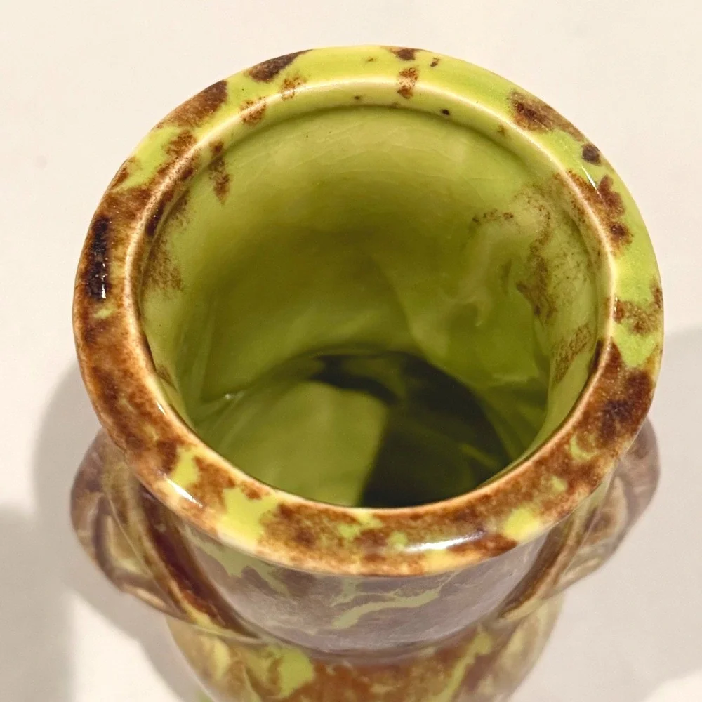 Vintage 1940s USA Art Pottery Vase Green Brown Mottled Drip Glaze Wing‎ Handles